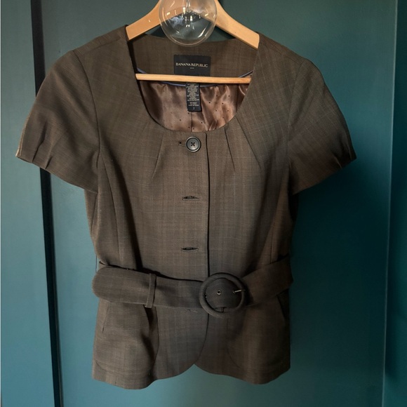 Banana Republic Plaid Belted Blazer – Cropped Sleeve, Wool Blend, Size 2 - Picture 6 of 7